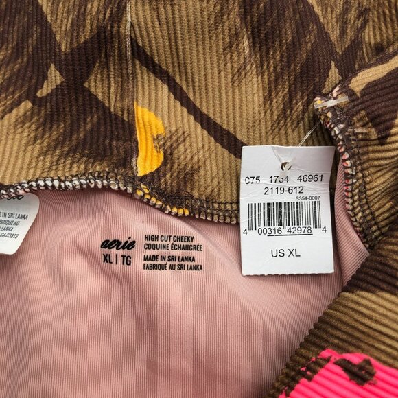 Aerie Womens High Cut Cheeky Swim Bottoms Floral Print Ribbed Brown Pink XL - Picture 3 of 5